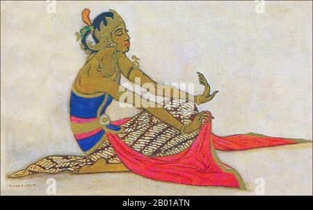 Indonesia: Ballerino classico giavanese. Acquerello con pittura gouache di Tyra Kleen (29 giugno 1874 - 17 settembre 1951), 1920. La danza giavanese è la danza e le forme d'arte che sono state create e influenzate dalla cultura giavanese. La danza giavanese è solitamente associata alla cultura cortese, raffinata e sofisticata dei kratoni giavanesi, come la danza Bedhaya e Srimpi. Tuttavia, in un senso più ampio, la danza giavanese include anche le danze dei comuni e degli abitanti di villaggi giavanesi come Ronggeng, Tayub, Reog e Kuda che lapping. Foto Stock