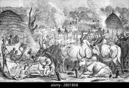 Sudan: "A Dinka Cattle-Park". Illustrazione di Georg August Schweinfurth (29 dicembre 1836 - 19 settembre 1925), 1874. 'L'illustrazione allegata è destinata a mostrare qualcosa della routine quotidiana della Dinka. Rappresenta uno di quei murahs o bestiame-parchi, di cui ho visto centinaia. Raffigura la scena alle cinque del pomeriggio. In primo piano ci sono esemplari del bestiame del paese. Gli uomini in carica sono busied che raccolgono in mucchi il sterco che è stato esposto durante il giorno per essere asciugato al sole. Nuvole di vapore di roba riempiono il murah'. Foto Stock