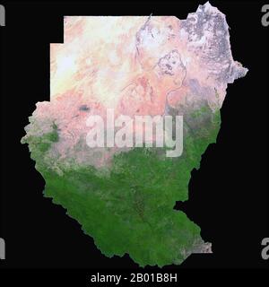 Sudan/Sudan del Sud: Un'immagine satellitare della NASA del Sudan e del Sudan del Sud, 2006. La Repubblica del Sudan (in arabo: Jumhūrīyat al Sūdān) è un paese del Nord Africa. Confina con l'Egitto a nord, il Mar Rosso a nord-est, l'Eritrea e l'Etiopia a est, il Sudan meridionale a sud, la Repubblica Centrafricana a sud-ovest, il Ciad a ovest e la Libia a nord-ovest. Il fiume più lungo del mondo, il Nilo, divide il paese tra i lati est e ovest. Il Sudan meridionale (arabo: Janūb AS-Sūdān) è un paese indipendente senza sbocco sul mare con Juba come capitale. Foto Stock