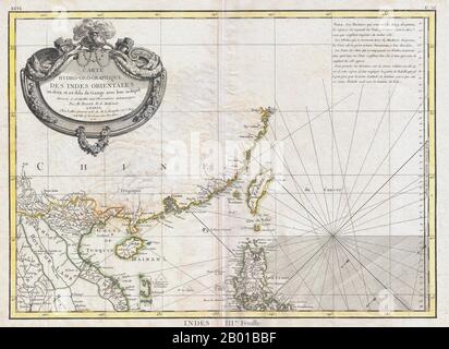 Vietnam/Cina: Mappa di Tonkin (Vietnam), Cina, Formosa (Taiwan) e Luzon (Filippine), di Rigobert Bonne (1727-1795), 1771 . La mappa di Bonne del 1771 di Tonkin e del Mar Cinese Meridionale/Mare Orientale è importante e controversa in quanto mostra chiaramente l'isola Hainan (contorno giallo) appartenente alla Cina e, più significativamente, le isole Paracel - attualmente contese tra Cina e Vietnam ma occupate dalla prima - in verde, come territorio vietnamita. Gli Spratlys contestati non vengono visualizzati sulla mappa. Nel 1771 Tonkin fu governato dai signori Trinh (1545-1787), in particolare da Trinh Sam (r. 1767-1782). Foto Stock