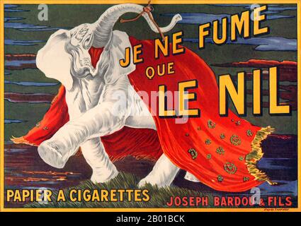 Francia: "Fumo solo le Nil Cigarette Papers". Pubblicità orientalista di Leonetto cappello (9 aprile 1875 - 2 febbraio 1942), 1913. Poster pubblicitario per la società francese di carta per sigarette Joseph Bardou & Sons, con un elefante trombettante in un mix di stili primi del 20th ° secolo e orientalista. Foto Stock