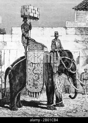 Vietnam: Un elefante riccamente caprarisonato della corte reale a Hue. Incisione di Paul Adolphe Kauffmann (8 luglio 1849 - 20 febbraio 1940), 1878. Huế sorse originariamente come capitale dei signori Nguyễn, una dinastia feudale che dominò gran parte del Vietnam meridionale dal 17th al 19th secolo. Nel 1775, quando Trịnh Sâm lo catturò, fu conosciuto come Phú Xuân. Nel 1802, Nguyễn Phúc Ánh (in seguito imperatore Gia Long) riuscì a stabilire il suo controllo su tutto il Vietnam, rendendo così Huế la capitale nazionale. Huế fu la capitale nazionale fino al 1945. Foto Stock