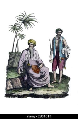 Vietnam; Un mandarino di 'Turon' (da Nang) nel Vietnam centrale, insieme al suo servo. Incisione su copperplate di Andrea Bernieri (fl. 1826-1845), c.. 1844. Da Nang (occasionalmente Danang; in vietnamita: Đà Nẵng) è una grande città portuale della costa centrale del Vietnam, sulla costa del Mar Cinese Meridionale, alla foce del fiume Han. È il centro commerciale ed educativo del Vietnam centrale; il suo porto ben protetto e facilmente accessibile e la sua posizione sul percorso della National Route 1A e la ferrovia Nord-Sud lo rendono un hub per i trasporti. Foto Stock