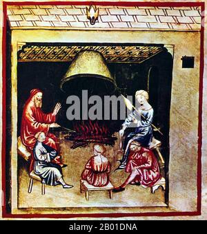 Iraq/Italia: Una famiglia veglia notturna al fuoco. Illustrazione da Taqwim al-sihha di Ibn Butlan o 'mantenimento della Salute', pubblicato in Italia come Tacuinum Sanitatis, 14th ° secolo. Il Tacuinum (a volte Taccuinum) Sanitatis è un manuale medievale sulla salute e il benessere, basato sul Taqwim al-sihha, un trattato medico arabo dell'XI secolo di Ibn Butlan di Baghdad. Ibn Butlân era un medico cristiano nato a Bagdad e morto nel 1068. Egli ha esposto sei elementi necessari per mantenere la salute quotidiana. Foto Stock