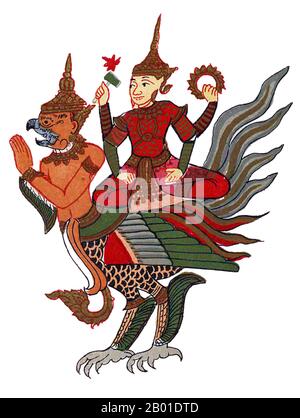 Birmania/Myanmar: Vishnu - Beikthano in birmano - sul suo monte, il garuda, in una tradizionale rappresentazione birmana. Illustrazione da 'i trenta sette NAT' di Richard Carnac Temple (15 ottobre 1850 - 3 marzo 1931), 1906. Vishnu (sanscrito विष्णु Viṣṇu) è il dio Supremo nella tradizione vaishnavita dell'induismo. I seguaci di Smarta di Adi Shankara, tra gli altri, venerano Vishnu come una delle cinque forme primarie di Dio. Il Vishnu Sahasranama dichiara Vishnu come Paramatma (anima suprema) e Parameshwara (Dio supremo). Descrive Vishnu come l'essenza pervasiva di tutti gli esseri. Foto Stock