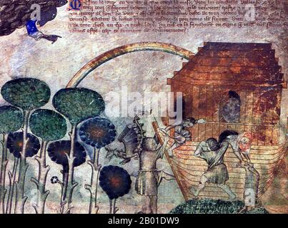 Inghilterra: L'Arca di Noè e il Grande alluvione (dettaglio). Folio dalla Genesi di Egerton, 1350-1375. Particolare di folio 4R, raffigurante l'Arca di Noè. La mano di Dio si vede nell'angolo in alto a sinistra, offrendo la sua benedizione. Si noti il drago, che sta lasciando l'Ark. Noè (o Noè, Noach) era, secondo la Bibbia ebraica, il decimo e ultimo dei Patriarchi antediluviani. La storia biblica di Noè è contenuta nel libro della Genesi. Foto Stock