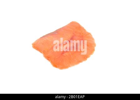 Tre fette di salmone su sfondo bianco. Foto Stock