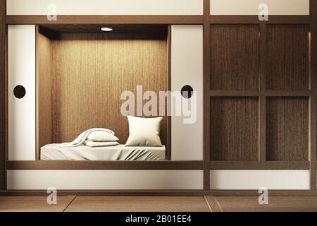 Zen moderno camera tranquilla. Giappone camera da letto in stile con la parete della mensola design luce nascosta e decorazione in stile giapponese.il rendering 3D Foto Stock