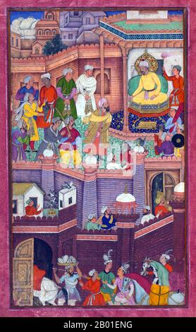 India: Nonostante il suo tradimento, Muḥammad Ḥusaym Mīrzā, un parente di Babur, viene rilasciato e inviato a Khurāsān. Dipinto in miniatura del Baburnama, fine 16th ° secolo. Bāburnāma (letteralmente: 'Libro di Babur' o 'lettere di Babur'; altrimenti conosciuto come Tuzk-e Babri) è il nome dato alle memorie di Ẓahīr ud-Dīn Muḥammad Bābur (1483-1530), fondatore dell'Impero Mughal e bisnonno di Timur. Si tratta di un'opera autobiografica, originariamente scritta in lingua Chagatai, nota a Babur come 'Turki' (che significa Turkic), la lingua parlata degli Andijan-Timuridi. Foto Stock