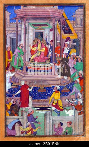 India: Babur è intrattenuto a Ghazni da Jahangir Mirza. Dipinto in miniatura del Baburnama, fine 16th ° secolo. Bāburnāma (letteralmente: 'Libro di Babur' o 'lettere di Babur'; altrimenti conosciuto come Tuzk-e Babri) è il nome dato alle memorie di Ẓahīr ud-Dīn Muḥammad Bābur, fondatore dell'Impero Mughal e bisnonno di Timur. Si tratta di un'opera autobiografica, originariamente scritta in lingua Chagatai, nota a Babur come 'Turki' (che significa Turkic), la lingua parlata degli Andijan-Timuridi. Foto Stock