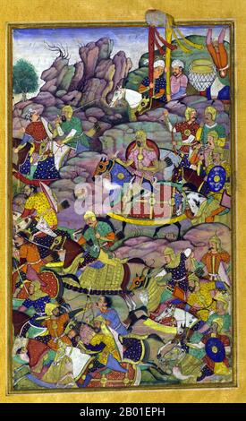 India: La fase finale della battaglia di Kandahar sul fianco della montagna di Murghan. Dipinto in miniatura del Baburnama, fine 16th ° secolo. Bāburnāma (letteralmente: 'Libro di Babur' o 'lettere di Babur'; altrimenti conosciuto come Tuzk-e Babri) è il nome dato alle memorie di Ẓahīr ud-Dīn Muḥammad Bābur (1483-1530), fondatore dell'Impero Mughal e bisnonno di Timur. Si tratta di un'opera autobiografica, originariamente scritta in lingua Chagatai, nota a Babur come 'Turki' (che significa Turkic), la lingua parlata degli Andijan-Timuridi. Foto Stock