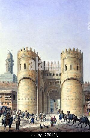 Egitto: Porta Bab al-Futuh, il Cairo. Dipinto di Pascal Coste (26 novembre 1787 - 8 febbraio 1879), c. 1839. Xavier Pascal Coste è stato un architetto francese. Suo padre era uno dei maggiori figners a Marsiglia. Mostrando la promessa intellettuale e artistica, Pascal ha iniziato i suoi studi nello studio di Penchaud, architetto del dipartimento e del municipio. Nel 1814, è stato ricevuto nella École des Beaux-Arts di Parigi. Il suo tempo a Parigi è stato fondamentale nella sua vita - lì ha incontrato il geografo Edme Francesco Jomard, che lo ha messo in contatto con il viceré d'Egitto, Mehmet Ali. Foto Stock