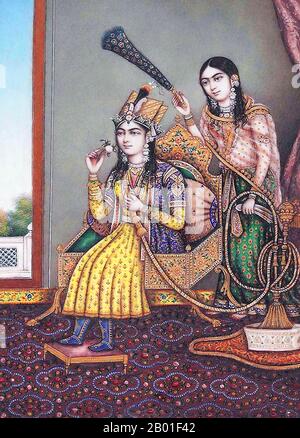 India: Mumtaz Mahal (29 ottobre 1593 - 17 giugno 1631), consorte dell'imperatore Shah Jahan (5 gennaio 1592 - 22 gennaio 1666), fumando un tubo dell'acqua mentre è ventilato da un servo. Pittura gouache, c. 1860. Mumtaz Mahal, nato Arjumand Banu Begum, fu l'imperatrice consorte dell'imperatore Mughal Shah Jahan. La sua famiglia era nobiltà persiana di Agra, ed era nipote dell'imperatrice Nur Jahan. Era la seconda moglie di Shah Jahan, ma era la sua preferita, e insieme avevano 14 figli. Morì durante la nascita del loro 14th figlio, e Shah Jahan fece costruire il Taj Mahal come una tomba per lei, un monumento al suo amore incessante Foto Stock