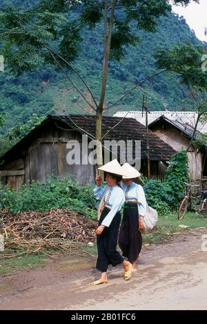 Vietnam: Donne Tai bianche vicino a Thuan Chau, provincia di Son la, Vietnam nord-occidentale. Nelle strette valli montane delle province di Son la, Dien Bien e Lai Chau del Nord Vietnam il Tai rimane una minoranza molto notevole e fiduciosa. Sono divisi in Tai Bianco e Tai Nero comunità, mentre più a sud, dalla frontiera Lao in Thanh Hoa e Nghe An Province, Tai Rosso predominano. Questi sottogruppi si distinguono per il vestito delle loro donne. I Tai del Vietnam sono persone delle valli montane. Coltivando risaie di riso bagnate sono relativamente prospere. Foto Stock