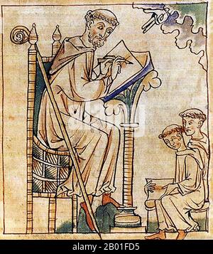 Francia: Legno colorato di San Bernardo di Clairvaux (1090 - 20 agosto 1153) scrivendo un sermone, 12th ° secolo. Bernardo di Clairvaux, O.Cist era un abate francese e il costruttore primario dell'ordine cistercense riformante. Dopo la morte della madre, Bernardo cercò l'ammissione all'Ordine cistercense. Tre anni dopo, fu mandato a fondare una nuova abbazia in una radura isolata in un glen noto come la Val d'Absinthe, a circa 15 km a sud-est di Bar-sur-Aube. Secondo la tradizione, Bernardo fondò il monastero il 25 giugno 1115, chiamandolo Claire Vallée, che si evolse in Clairvaux. Foto Stock