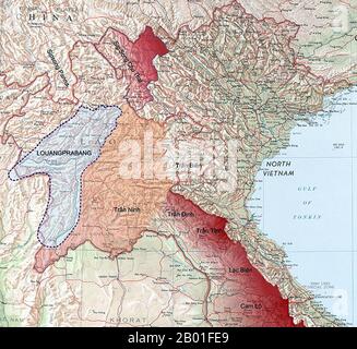 Vietnam/Laos: Mappa che mostra la posizione del Principato autonomo di Tai di Sipsongchuthai in relazione a Tonkin e a Luang Prabang, 1893. Durante la fine del 19th ° secolo, tutto il territorio che si estende da Dien Bien Phu a sud fino alla frontiera cinese a nord formò una regione autonoma chiamata Sipsongchutai, o 'dodici Tai Principati'. Fu governata da un principe ereditario di Tai Bianco della sua capitale a Lai Chau e tributò un tributo, in un momento o nell'altro, al Siam, al Vietnam o alla Cina, e talvolta a tutti e tre. Foto Stock