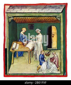 Iraq/Italia: Abbigliamento in lino (Vestiti linea). Illustrazione da Taqwim al-sihha di Ibn Butlan o 'mantenimento della Salute' (Baghdad, 11th ° secolo), pubblicato in Italia come il Tacuinum Sanitatis, 14th ° secolo. Il Tacuinum (a volte Taccuinum) Sanitatis è un manuale medievale sulla salute e il benessere, basato sul Taqwim al-sihha تقويم الصحة ('mantenimento della salute'), un trattato medico arabo dell'XI secolo di Ibn Butlan di Baghdad. Ibn Butlân era un medico cristiano nato a Bagdad e morto nel 1068. Foto Stock