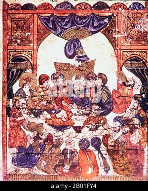 Iraq: Il banchetto nuziale, Maqamat al-Hariri di al-Hariri di Bassora (1054 - 10 settembre 1122), c. 1225-1235. I Maqama sono una collezione di racconti arabi picareschi scritti sotto forma di prosa rima in cui è evidente lo stravagamento retorico. Lo stile fu inventato nel 10th ° secolo da Badi al-Zaman al-Hamadhani ed esteso da Abu Muhammad al-Qasim ibn Ali al-Hariri di Bassora il secolo successivo. Al-Hariri fu poeta e studioso arabo e alto funzionario governativo dei Selgiuchi. Il suo lavoro più conosciuto fu il suo Maqamat al-Hariri, una collezione di oltre 50 storie. Foto Stock