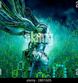 Binarie dreamer girl / 3D illustrazione di fantascienza futuristico femminile android circondato da incandescente dati binari Foto Stock