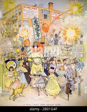 Cina/USA: 'Li Hung-Chang visita il vicolo di Hogan'. Cartoon popolare di Richard Felton Outcault (14 gennaio 1863 - 25 settembre 1928) nel settimanale del fumetto mondiale, domenica 13 settembre, 1896. Li Hongzhang o li Hung-chang (pinyin: Lǐ Hóngzhāng), Marchese Suyi della prima Classe, GCVO (15 febbraio 1823 – 7 novembre 1901) è stato un . Ha respinto diverse ribellioni importanti e ha servito in posizioni importanti della Corte Imperiale, compreso il vicereame principale di Zhili. Il Kid giallo è emerso come il carattere principale nel vicolo di Hogan, disegnato da Richard F. Outcault. Foto Stock