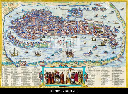 Italia/Venezia/Germania: Vista e pianta di Venezia. Mappa di Georg Braun (1541-1622) e Frans Hogenberg (1535-1590), Germania, 1572. La Repubblica di Venezia (Repubblica di Venezia, Venezia: Repùblica Vèneta o Repùblica de Venesia) o Repubblica di Venezia era uno Stato originario della città di Venezia, nel nord-est d'Italia. Esisteva per oltre un millennio, dalla fine del 7th ° secolo fino al 1797. Era formalmente conosciuta come la Serenissima Repubblica di Venezia (in italiano: Serenissima Repubblica di Venezia, in veneziano: Serenìsima Repùblica Vèneta) ed è spesso chiamata la Serenissima. Foto Stock