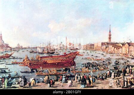 Italia/Venezia: 'Il Doge sul Bucintoro vicino alla Riva di Sant'Elena'. Dipinto ad olio su tela di Francesco Guardi (5 ottobre 1712 - 1 gennaio 1793), 1775-1780. Per secoli Venezia è stata il primo partner commerciale dell’Europa con il Medio Oriente e l’Impero Bizantino in particolare. Il potere navale e commerciale veneziano non ha rivali in Europa fino a quando non ha perso una serie di guerre agli eserciti ottomani nel 15th ° secolo. La città ha perso circa 50.000 persone alla morte Nera nel 1575-1577, ma è rimasto un importante centro di produzione e porto ben nel 18th ° secolo. Foto Stock