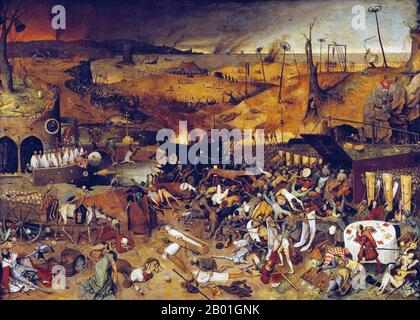 Belgio: "Il trionfo della morte". Pittura a olio su pannelli di Pieter Brueghel il Vecchio (1526-1569), c. 1562. Il dipinto è un paesaggio panoramico: Il cielo in lontananza è annerito dal fumo delle città in fiamme e il mare è disseminato di naufragi. Eserciti di scheletri avanzano sui vivi, che fuggono nel terrore o cercano invano di combattere. In primo piano, gli scheletri trasportano un carro pieno di teschi, e suonano la campana che indica il campanile della morte del mondo. Un pazzo suona il liuto mentre uno scheletro dietro di lui suona insieme; un cane affamato stuzzica la faccia di un bambino. Foto Stock