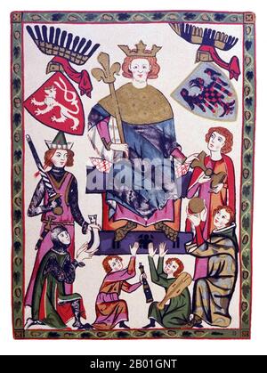 Repubblica Ceca/Svizzera: "Buon re Venceslao". Dipinto in miniatura del Codex Manesse, c. 1304-1340. Venceslao II di Boemia (27 settembre 1271 – 21 giugno 1305) fu re di Boemia (1278-1305) e Polonia (1300-1305) e duca di Cracovia (1291-1305). Figlio unico del re Ottokar II e membro della dinastia Přemyslid, fu sposato con Giuditta d'Asburgo, figlia di Rudolf i, re dei Romani. Egli rivendicò la corona d'Ungheria attraverso il figlio, Venceslao III, ma morì prima che potesse assicurarla completamente. Fu considerato uno dei più importanti re cechi. Foto Stock