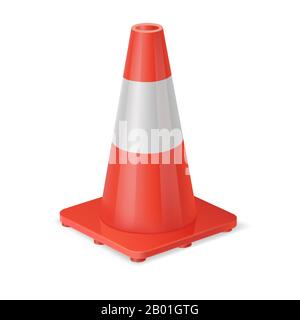 Rosso realistico strada in plastica bianca a righe lucido cono. Illustrazione Vettoriale