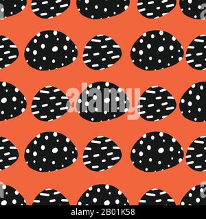 Sfondo vettoriale senza cuciture con forme astratte di punti con texture in bianco e nero su rosso arancione. Ripetizione dello schema. Moderno sfondo di doodle disegnato a mano Illustrazione Vettoriale