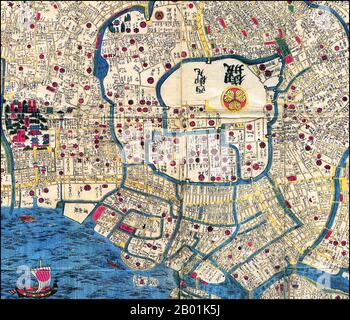 Giappone: Mappa di Edo (dettaglio del centro, la cima è dovuta a ovest), c. 1840. Edo (江戸, letteralmente "ingresso della baia" o "estuario"), anche romanzato come Yedo o Yeddo, è l'ex nome della capitale giapponese Tokyo, ed è stata la sede del potere dello shogunato Tokugawa che governò il Giappone dal 1603 al 1868. Durante questo periodo è cresciuta fino a diventare una delle città più grandi del mondo e sede di una vibrante cultura urbana incentrata sulle nozioni di "mondo galleggiante". Foto Stock