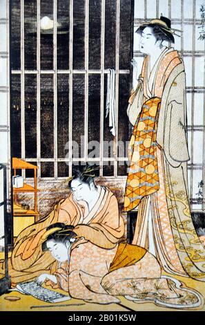 Giappone: "Nono mese". Ukiyo-e Woodblock print della serie 'Minami jûni kô' di Torii Kiyonaga (1752 - 28 giugno 1815), 1784. Torii Kiyonaga è stato un incisore giapponese ukiyo-e e pittore della scuola Torii. Originariamente Sekiguchi Shinsuke, figlio di un libraio Edo, assunse Torii Kiyonaga come nome d'arte (gō). Anche se non biologicamente imparentato con la famiglia Torii, divenne capo del gruppo dopo la morte del padre adottivo e insegnante Torii Kiyomitsu. Foto Stock