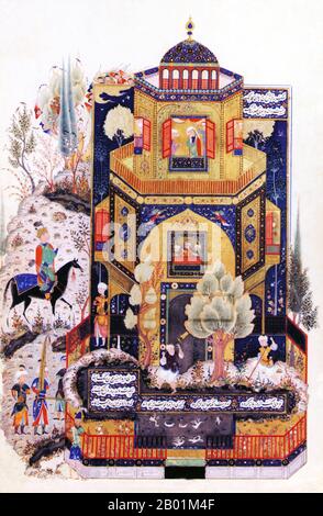 Iran/Persia: 'Khusraw al Palazzo di Shirin'. Inchiostro e vernice su foglio di carta, c. 1478-1490. Cosroe II (570 circa - 28 febbraio 628), noto anche come Khosrow Parviz, fu uno Shahanshah (re dei re) dell'Impero sasanide (r. 590-628), considerato da molti come l'ultimo grande scià di Persia. Perse brevemente il suo trono, ma lo riguadagnò con l'aiuto dell'Impero bizantino, con il quale in seguito sarebbe andato in costante guerra. Conquistò gran parte dei territori dell'Impero bizantino, ma alla fine fu giustiziato da suo figlio, portando a una guerra civile e alla conquista musulmana della Persia cinque anni dopo. Foto Stock