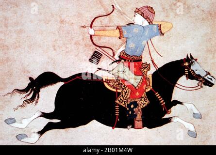 Mongolia/Cina: Un cavaliere mongolo con arco composito, XIII secolo circa. Un arciere a cavallo, un arciere a cavallo o un arciere a cavallo è un cavaliere armato di arco, in grado di sparare mentre cavalcate da cavallo. Il tiro con l'arco è stato occasionalmente utilizzato dalle spalle di altri animali da equitazione. Il tiro con l'arco a cavallo era una caratteristica distintiva della guerra steppica in tutta l'Asia centrale, e in tutte le praterie dell'America dopo l'adozione del cavallo, utilizzato da popoli tra cui Sciti, Sarmati, parti, Sassanidi, Unni, Bizantini, Bulgari, Cumani, Kipchaks, Magiari, giapponese, mongoli e turchi. Foto Stock