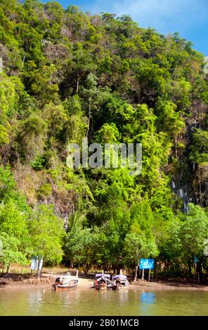 Thailandia: Tour in battello ormeggiato vicino Khao Khanap Nam, vicino alla città di Krabi, Thailandia meridionale. Un tempo un semplice porto di pescatori, Krabi sta diventando un centro di eco-turismo, nonché il principale punto di imbarco dei traghetti per isole come Ko Lanta a sud, Ko Phi Phi a sud-ovest e le spiagge intorno ad Ao Nang a ovest. Situata sulle rive dell'estuario di Krabi, si dice che la città prenda il nome da una spada o krabi presumibilmente scoperta nelle vicinanze. I dintorni di Krabi si distinguono per i torreggianti affioramenti calcarei, una sorta di baia di Phang Nag sulla terra, che sono diventati il simbolo della provincia di Krabi. Foto Stock