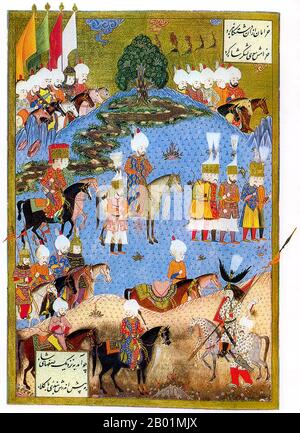 Turchia: Solimano il magnifico (6 novembre 1494 - 6 settembre 1566) a capo dell'esercito ottomano a Nakhichevan, estate 1554. Pittura in miniatura di Matrakçı Nasuh (1480-1564) con poesia persiana di Fethullah Celebi Arifi, 1561. Sultano Solimano i, noto anche come 'Suleyman il magnifico' e 'Suleyman il legislatore', fu il decimo e il più lungo sultano regnante dell'impero ottomano. Guidò personalmente i suoi eserciti alla conquista della Transilvania, del Caspio, di gran parte del Medio Oriente e del Maghreb. Ha introdotto riforme radicali della legislazione turca, dell'istruzione, della fiscalità e del diritto penale, Foto Stock
