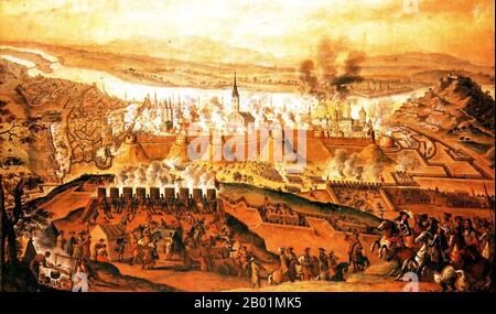 Ungheria/Paesi Bassi: "La battaglia di Buda". Olio su tela dipinto di Frans Geffels (1625-1694), XVII secolo. La battaglia di Buda (1686) fu combattuta tra la Lega Santa e la Turchia ottomana, come parte della campagna successiva in Ungheria dopo la battaglia di Vienna. La Lega Santa prese Buda dopo un lungo assedio. Dopo il fallito secondo assedio di Vienna da parte dei turchi nel 1683, che diede inizio alla grande guerra turca, iniziò una controffensiva imperiale per la riconquista dell'Ungheria, in modo che la capitale ungherese Buda potesse essere liberata dai turchi. Foto Stock