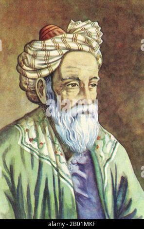 URSS/Iran/Persia: Omar Khayyam (1048-1131) come previsto da uno sconosciuto artista sovietico, Omar Khayyám del XX secolo era un polimatico, filosofo, matematico, astronomo e poeta persiano. Scrisse anche trattati su meccanica, geografia, mineralogia, musica, climatologia e teologia. Nato a Nishapur, in giovane età si trasferì a Samarcanda dove ottenne la sua formazione, in seguito si trasferì a Bukhara e divenne uno dei maggiori matematici e astronomi del periodo medievale. È autore di uno dei più importanti trattati sull'algebra scritti prima dell'epoca moderna. Foto Stock