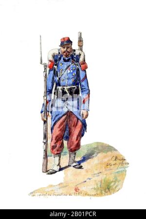 Francia/Algeria: Caporale granatiere del 2° reggimento della Legione straniera ad Algeri nel 1860. Acquerello dipinto di C. Brecht, inizio XX secolo. La Legione straniera francese (in francese Légion étrangère) è un'ala di servizio militare dell'esercito francese fondata nel 1831, unica perché creata esclusivamente per i cittadini stranieri disposti a servire nelle forze armate francesi. Comandato da ufficiali francesi, è aperto anche ai cittadini francesi, che nel 2007 rappresentavano il 24% delle reclute. Foto Stock