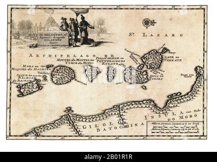 Indonesia/Paesi Bassi: Mappa anticipata delle isole Maluku. Incisione a lastra di rame di Pieter Van der AA (1659-1733), c. 1707. Le Isole Maluku (note anche come Molucche, Molucche e Spice Islands) sono un arcipelago che fa parte dell'Indonesia e della più grande regione marittima del Sud-est asiatico. Tettonicamente si trovano sulla placca di Halmahera all'interno della Molucca Sea Collision zone. Geograficamente si trovano ad est di Sulawesi (Celebes), ad ovest della nuova Guinea e a nord e ad est di Timor. La maggior parte delle isole sono montuose, alcune con vulcani attivi, e godono di un clima umido Foto Stock