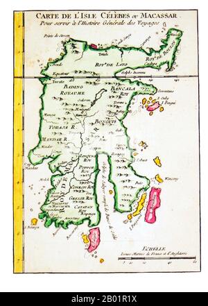 Indonesia/Paesi Bassi: Mappa precoce di Sulawesi (i Celebes). Incisione su carta di Jakob van der Schley (26 luglio 1715 - 12 febbraio 1779) e Pieter de Hondt (maggio 1696 - 27 marzo 1764), c. 1757. Sulawesi (precedentemente nota come Celebes) è una delle quattro isole Sunda più grandi dell'Indonesia ed è situata tra il Borneo e le isole Maluku. In Indonesia, solo Sumatra, Borneo e Papua sono più grandi nel territorio, e solo Giava e Sumatra hanno più popolazioni indonesiane. Foto Stock