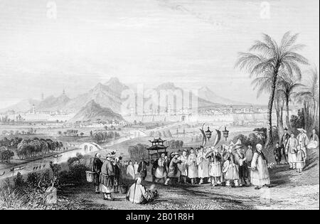 Cina/Regno Unito: "A Funeral Procession Outside the City of Nanchino". Incisione di Thomas Allom (13 marzo 1804 - 21 ottobre 1872), 1843. Thomas Allom è stato un architetto, artista e illustratore topografico inglese. Fu membro fondatore di quello che divenne il Royal Institute of British Architects (RIBA). Progettò molti edifici a Londra, tra cui la Chiesa di San Pietro e parti dell'elegante tenuta Ladbroke a Notting Hill. Ha anche lavorato con Sir Charles Barry su numerosi progetti, in particolare The Houses of Parliament, ed è anche noto per le sue numerose opere topografiche. Foto Stock