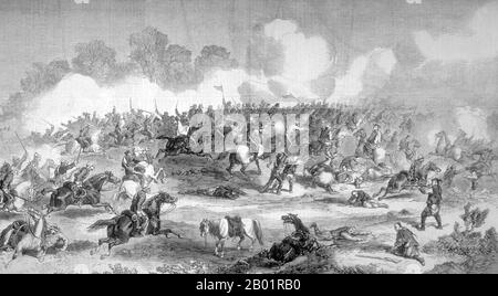 Cina/Regno Unito: Le King's Dragoon Guards si scontrarono con la cavalleria tartara vicino a Pechino, il 21 settembre 1860. Incisione da "The Illustrated London News", 22 dicembre 1860. La seconda guerra dell'oppio, la seconda guerra anglo-cinese, la seconda guerra cinese, la guerra delle frecce, o la spedizione anglo-francese in Cina, fu una guerra che contrapponeva l'Impero britannico e il secondo Impero francese contro la dinastia Qing della Cina, durata dal 1856 al 1860. Ne risultò una seconda sconfitta per la dinastia Qing e portò alla legalizzazione forzata del commercio dell'oppio. Trattati più disuguali significavano più perdite territoriali per la Cina. Foto Stock