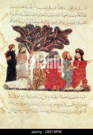 Iraq: Miniatura di Yahya ibn Mahmud al-Wasiti, 1237 d.C. Yahyâ ibn Mahmûd al-Wâsitî è stato un artista arabo islamico del XIII secolo. Al-Wasiti è nato a Wasit, nel sud dell'Iraq. Era noto per le sue illustrazioni del Maqam di al-Hariri. I Maqāma (letteralmente "assemblee") sono un genere letterario arabo (originariamente) di prosa rimata con intervalli di poesia in cui la stravaganza retorica è evidente. Si dice che l'autore del X secolo Badī' al-Zaman al-Hamadhāni abbia inventato la forma, che fu estesa da al-Hariri di Bassora nel secolo successivo. Foto Stock