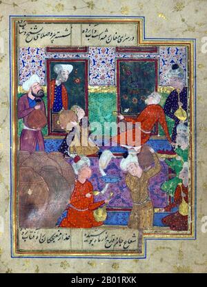 Iran/Persia: Scena di taverne con vasetti di vino e musicisti. Folio da un divan di Hafez Shirazi (c. 1325-1390), XVI secolo. Khwāja Shamsu d-Dīn Muhammad Hāfez-e Shīrāzī, conosciuto con lo pseudonimo di Hāfez, è stato un poeta persiano. Le sue opere raccolte composte da serie di poesie persiane (Divan) si trovano nelle case della maggior parte dei parlanti persiani in Iran e Afghanistan, così come altrove nel mondo, che imparano le sue poesie a memoria e le usano come proverbi e detti fino ad oggi. La sua vita e le sue poesie sono state oggetto di molte analisi, commenti e interpretazioni. Foto Stock