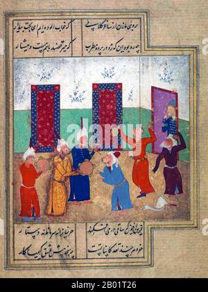 Iran/Persia: Un gruppo di danze sufi. Folio da un divan di Hafez Shirazi (c. 1325-1390), 1552. Khwāja Shamsu d-Dīn Muhammad Hāfez-e Shīrāzī, conosciuto con lo pseudonimo di Hāfez, è stato un poeta persiano. Le sue opere raccolte composte da serie di poesie persiane (Divan) si trovano nelle case della maggior parte dei parlanti persiani in Iran e Afghanistan, così come altrove nel mondo, che imparano le sue poesie a memoria e le usano come proverbi e detti fino ad oggi. La sua vita e le sue poesie sono state oggetto di molte analisi, commenti e interpretazioni. Foto Stock