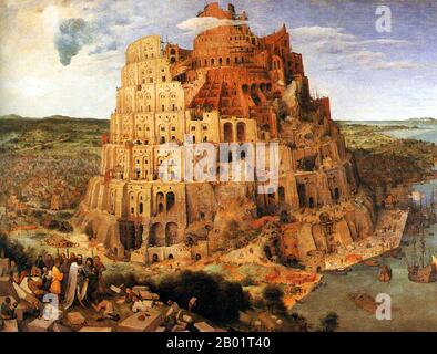Belgio/Iraq/Mesopotamia: "La Torre di Babele". Pittura a olio su legno di quercia di Pieter Bruegel il Vecchio (1526 - 9 settembre 1569), 1563. La Torre di Babele, secondo il Libro della Genesi, era un'enorme torre costruita nella pianura di Shinar. Secondo il racconto biblico, un'umanità unita delle generazioni che seguirono il grande diluvio, che parlava un'unica lingua e migrava da est, giunse nella terra di Shinar, dove decisero di costruire una città con una torre "con la sua cima nel cielo... per non essere sparsi all'estero sulla faccia della Terra". Foto Stock