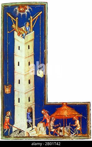 Germania/Iraq/Mesopotamia: "La Torre di Babele". Pittura in miniatura da una versione successiva del Weltchronik di Rudolf von EMS (1200-1254), c. 1370. La Torre di Babele, secondo il Libro della Genesi, era un'enorme torre costruita nella pianura di Shinar. Secondo il racconto biblico, un'umanità unita delle generazioni che seguirono il grande diluvio, che parlava un'unica lingua e migrava da est, giunse nella terra di Shinar, dove decisero di costruire una città con una torre "con la sua cima nel cielo... per non essere sparsi all'estero sulla faccia della Terra". Foto Stock