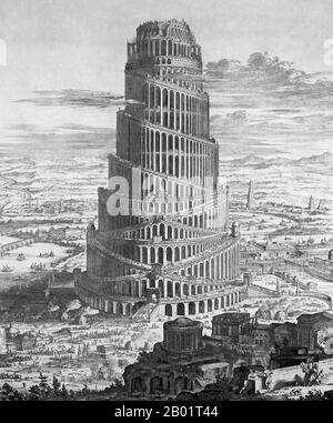Paesi Bassi/Iraq/Mesopotamia: "L'edificio della Torre di Babele". Incisione di Coenraet Decker (1650-1685) da "Turris Babel" di Athanasius Kircher (1602-1680), 1679. La Torre di Babele, secondo il Libro della Genesi, era un'enorme torre costruita nella pianura di Shinar. Secondo il racconto biblico, un'umanità unita delle generazioni che seguirono il grande diluvio, che parlava un'unica lingua e migrava da est, giunse nella terra di Shinar, dove decisero di costruire una città con una torre "con la sua cima nel cielo... per non essere sparsi all'estero sulla faccia della Terra". Foto Stock