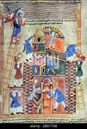 Inghilterra/Iraq/Mesopotamia: "La Torre di Babele". Illuminazione su pergamena dall'antico inglese illustrato Hexateuch, c. 1025-1050. La Torre di Babele, secondo il Libro della Genesi, era un'enorme torre costruita nella pianura di Shinar. Secondo il racconto biblico, un'umanità unita delle generazioni che seguirono il grande diluvio, che parlava un'unica lingua e migrava da est, giunse nella terra di Shinar, dove decisero di costruire una città con una torre "con la sua cima nel cielo... per non essere sparsi all'estero sulla faccia della Terra". Foto Stock